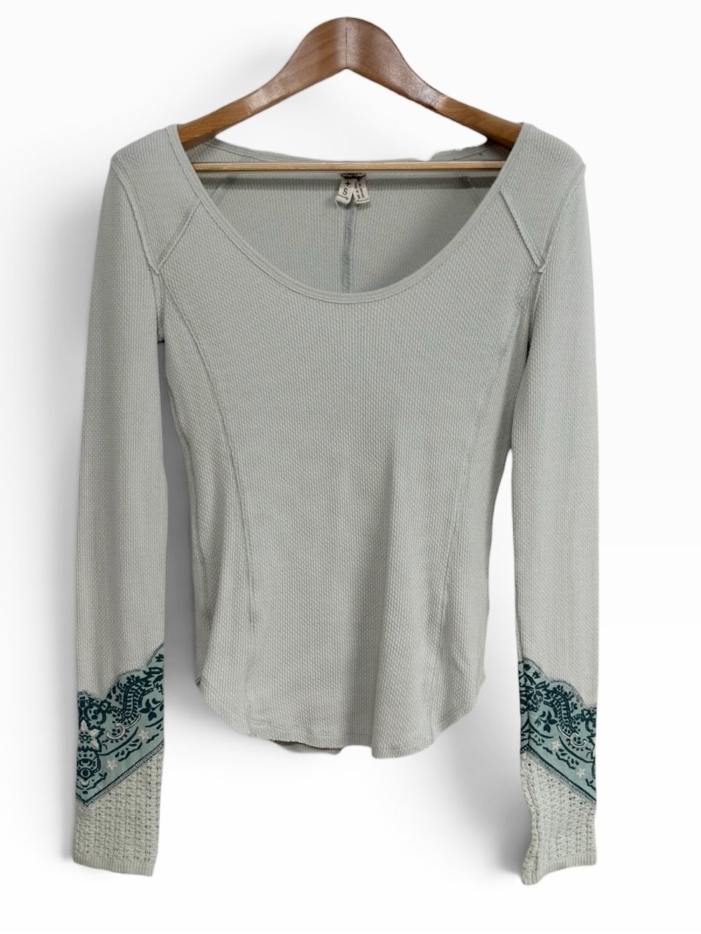 Free People We The Free Thermal Top Sage Paisley Bandana Cuff Waffle Knit S